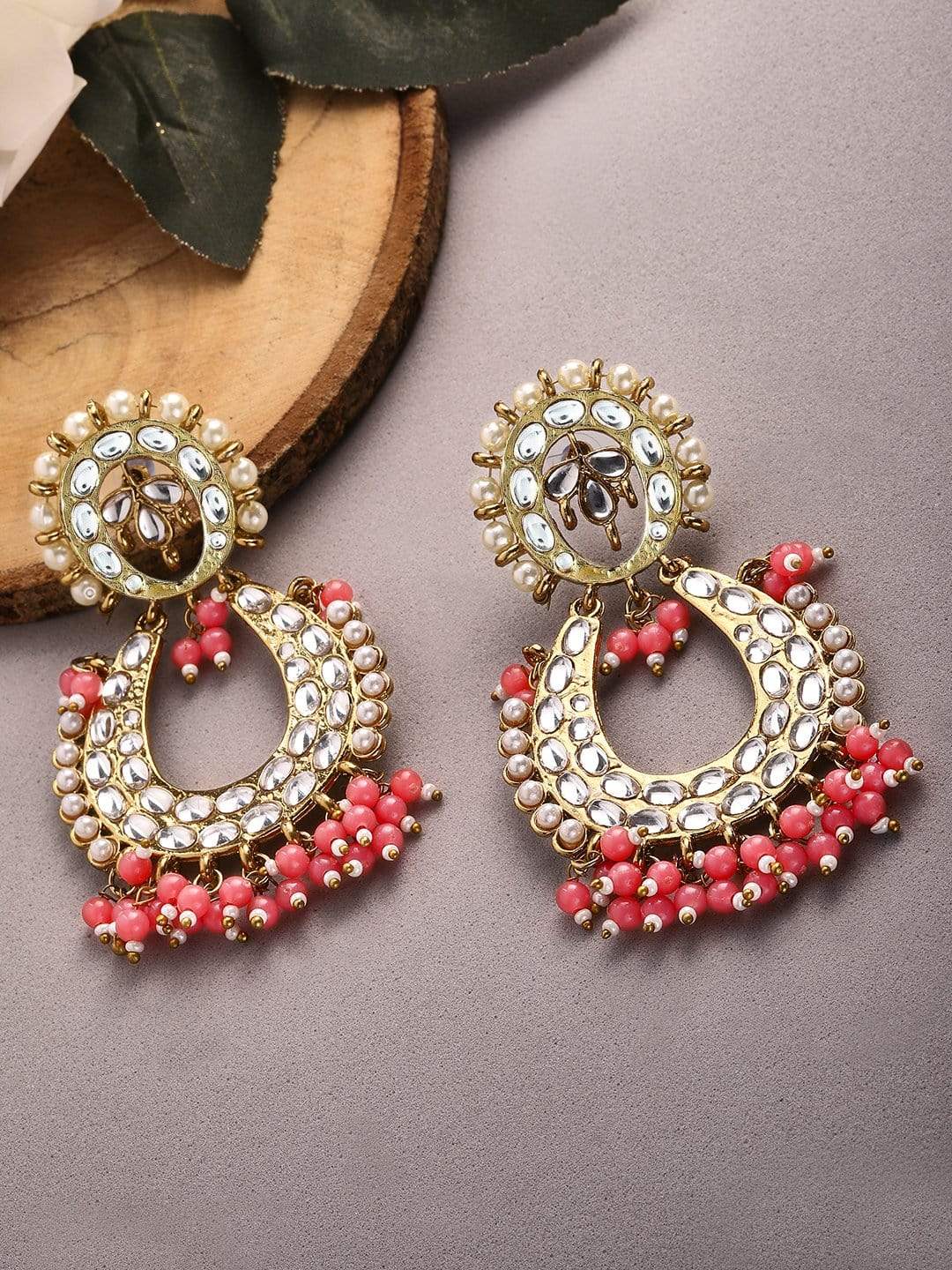 Rubans 24K Gold Plated Kundan with Pink Beads Handcrafted Chandbali Earrings Earrings