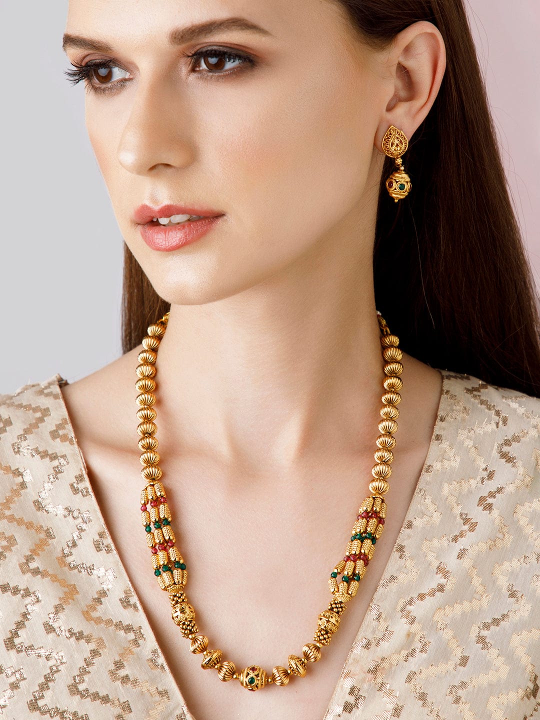 Rubans 24K Gold Plated Long Temple Necklace Set With Beads Design. Necklace Set