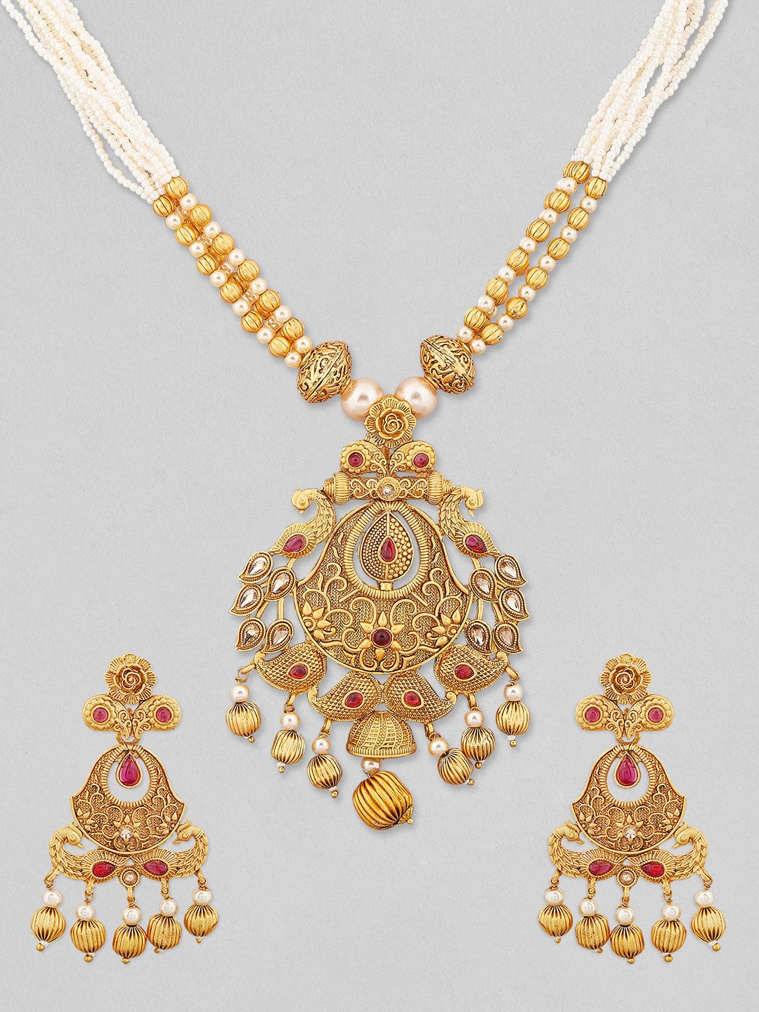 Rubans 24k Gold Plated Necklace With Peacock Motif Design And Red Stones. Jewelry Sets