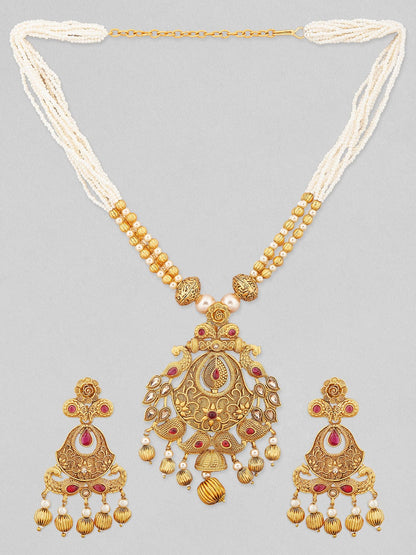 Rubans 24k Gold Plated Necklace With Peacock Motif Design And Red Stones. Jewelry Sets