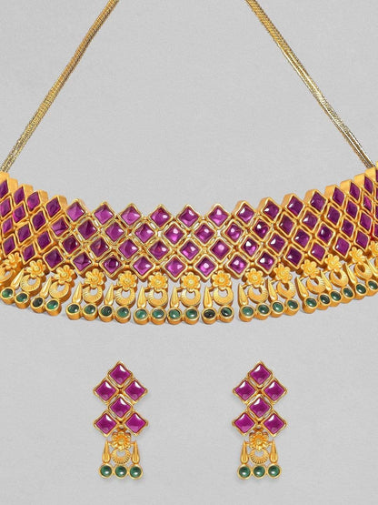 Rubans 24K Gold-Plated Purple &amp; Green Ruby-Studded Handcrafted Jewellery Set Necklace Set