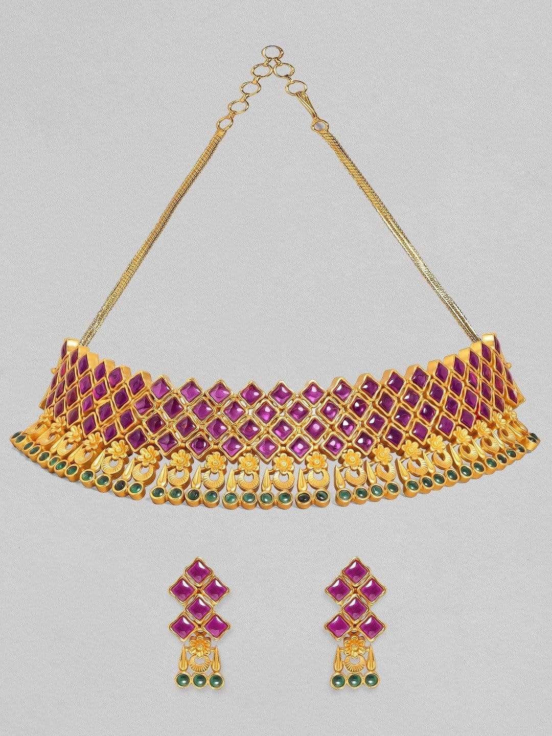 Rubans 24K Gold-Plated Purple &amp; Green Ruby-Studded Handcrafted Jewellery Set Necklace Set
