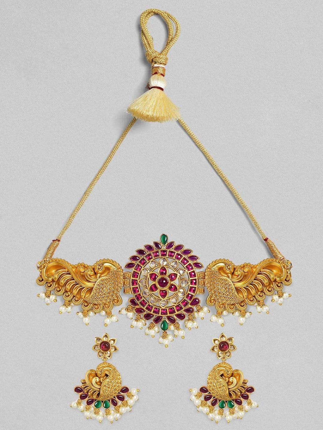 Rubans 24K Gold-Plated Red &amp; White Ruby-Studded &amp; Beaded Handcrafted Jewellery Set Choker