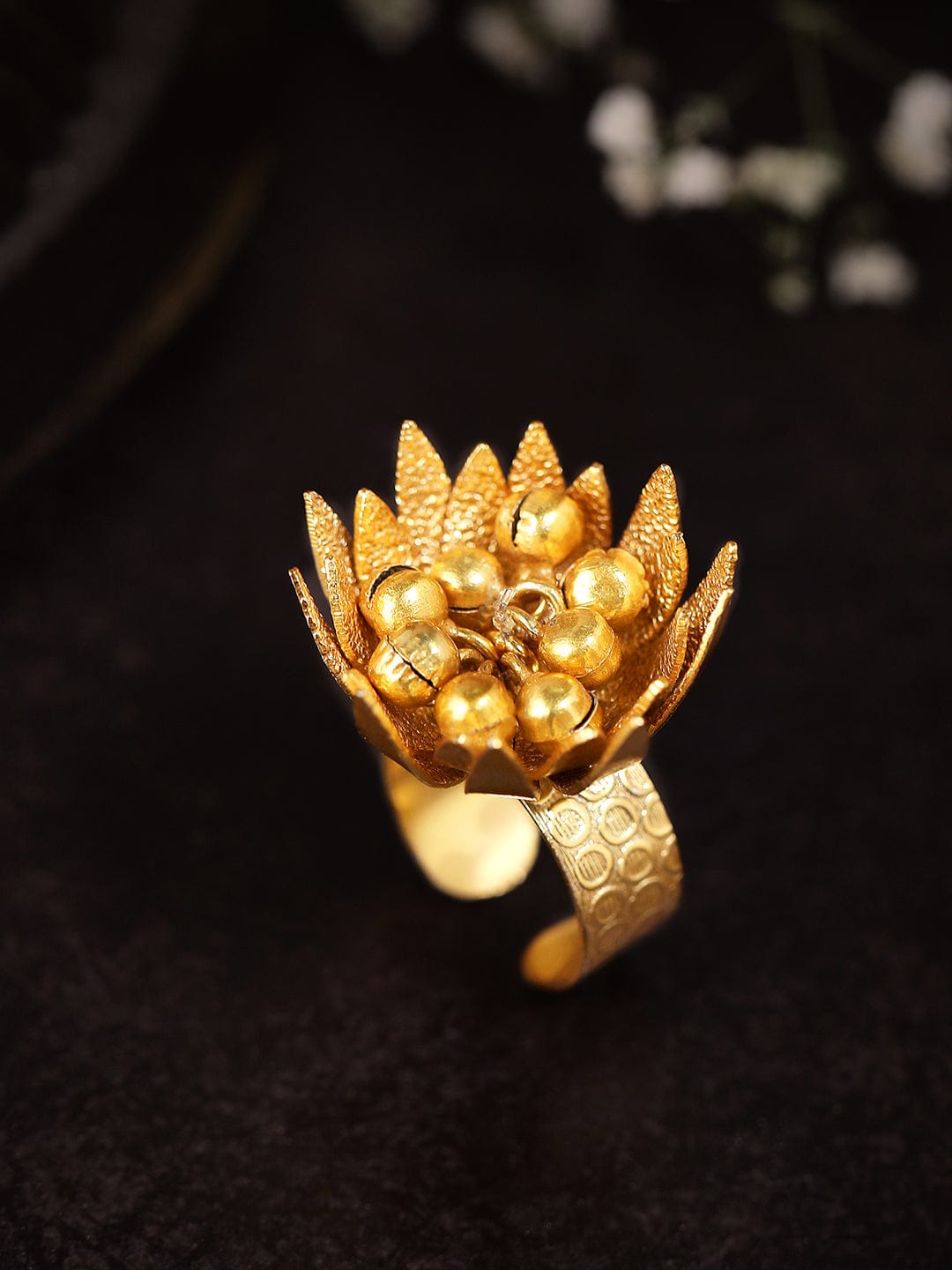 Rubans 24K Gold Plated Ring With Golden Beads And Floral Design Rings