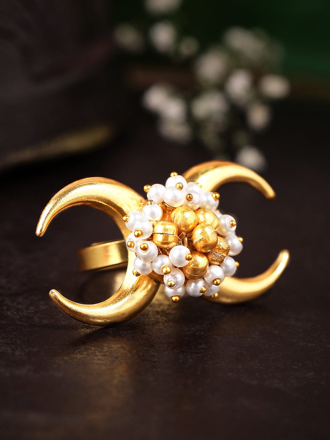 Rubans 24K Gold Plated Ring With Pearls, Golden Beads And Moon Design Rings