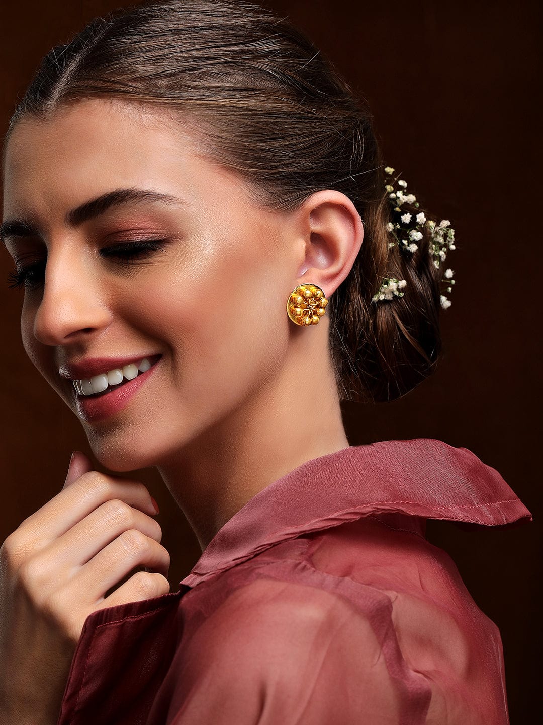Rubans 24K Gold Plated Stud Earrings With Circular Design And Beads Earrings