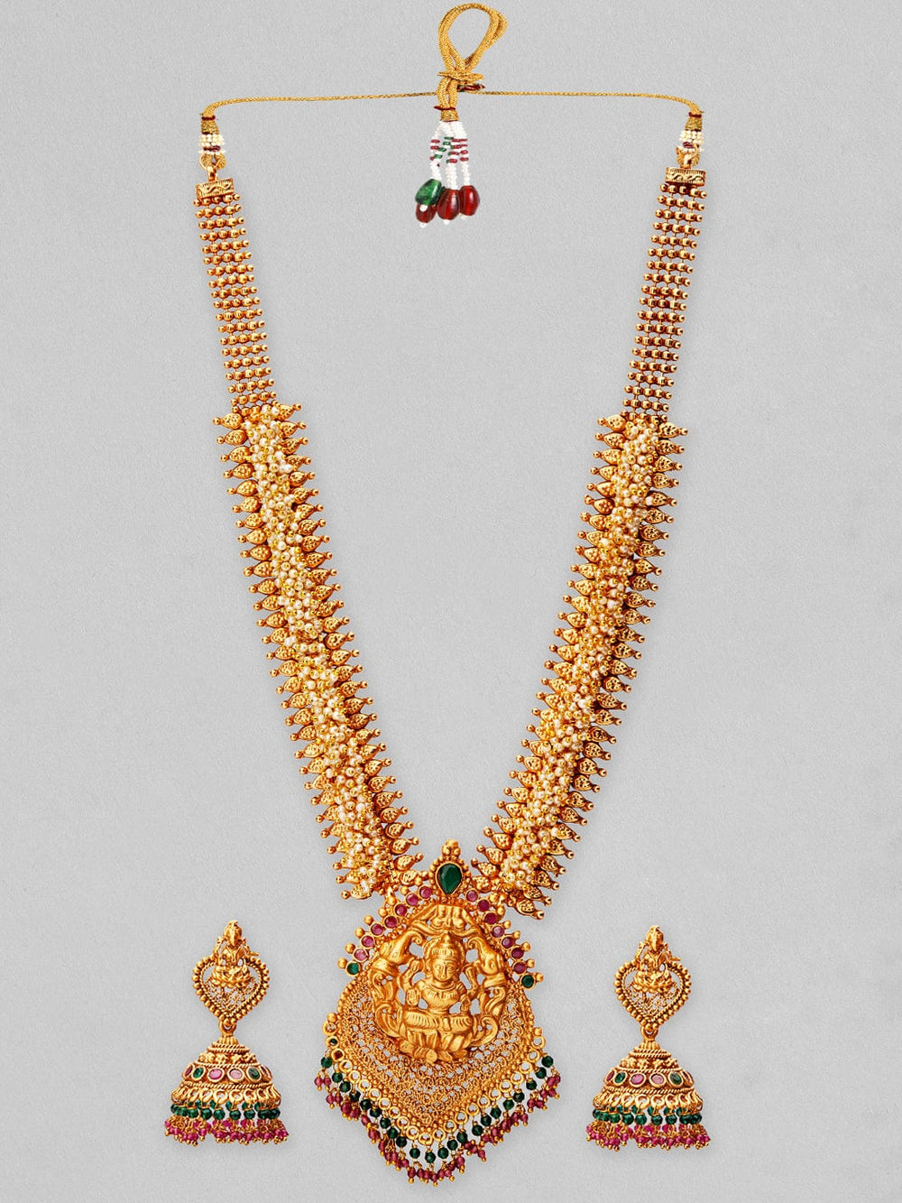 Rubans 24K Gold Plated Temple Necklace Set With Red And Green AD Necklace Set
