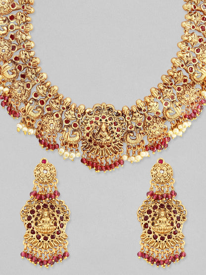 Rubans 24K Gold Plated Temple Necklace Set With Red Beads Necklace Set