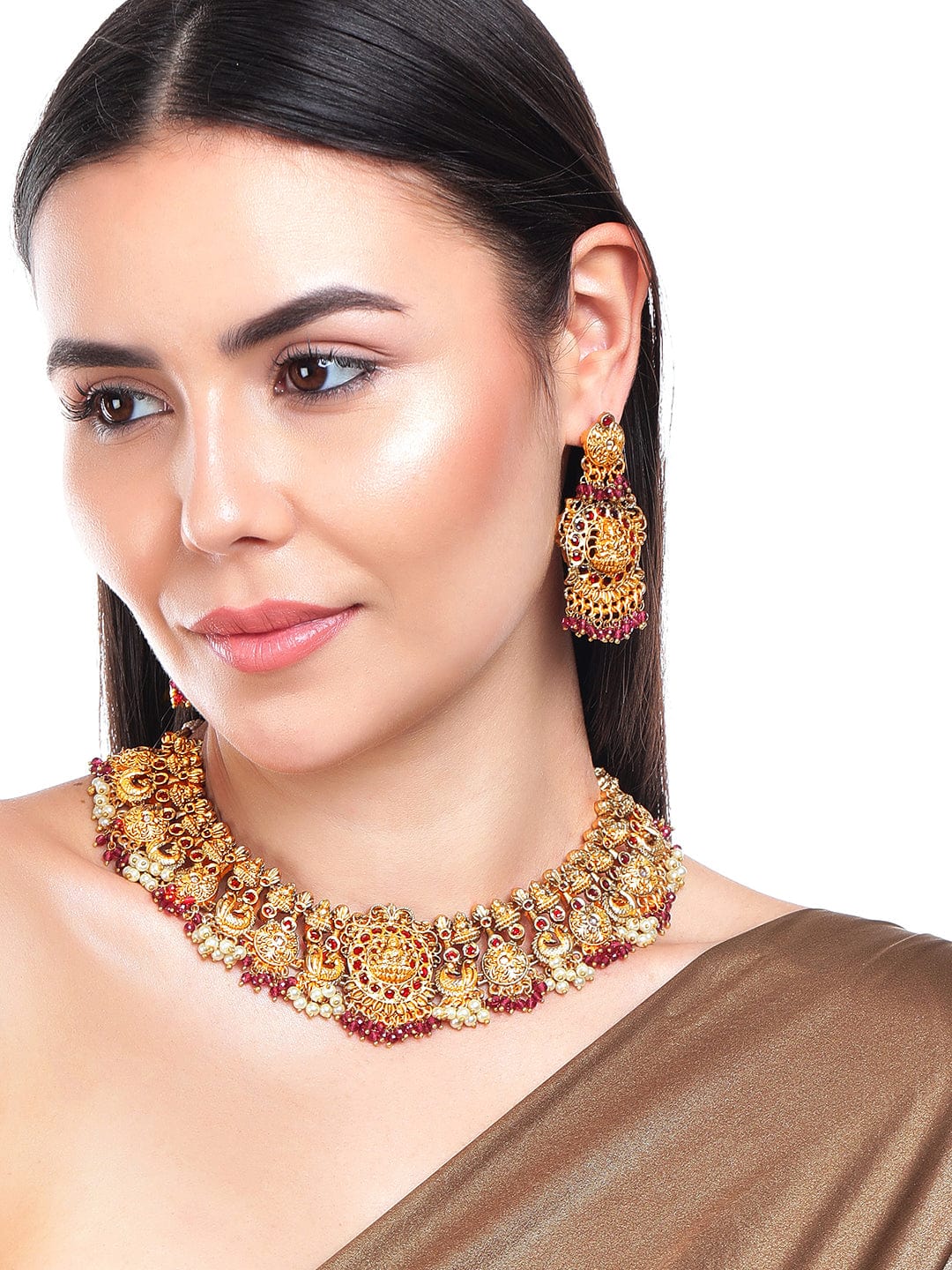 Rubans 24K Gold Plated Temple Necklace Set With Red Beads Necklace Set