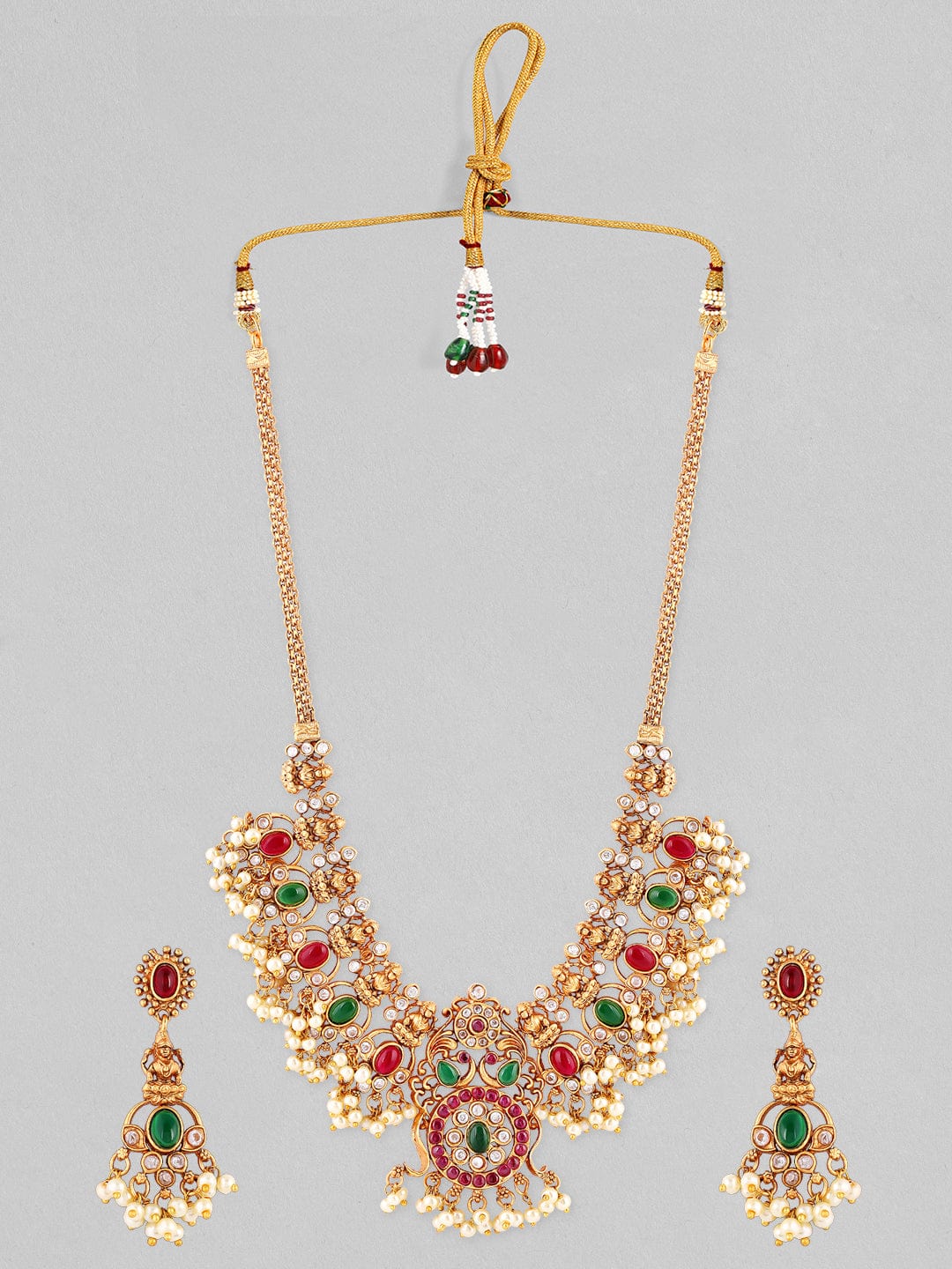 Rubans 24K Gold Plated Temple Necklace Set With Stones And Pearls Jewelry Sets