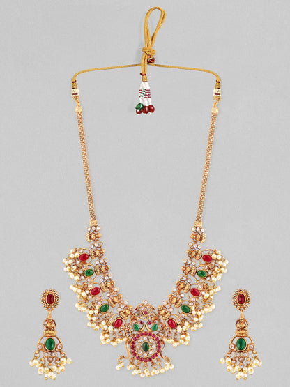 Rubans 24K Gold Plated Temple Necklace Set With Stones And Pearls Jewelry Sets