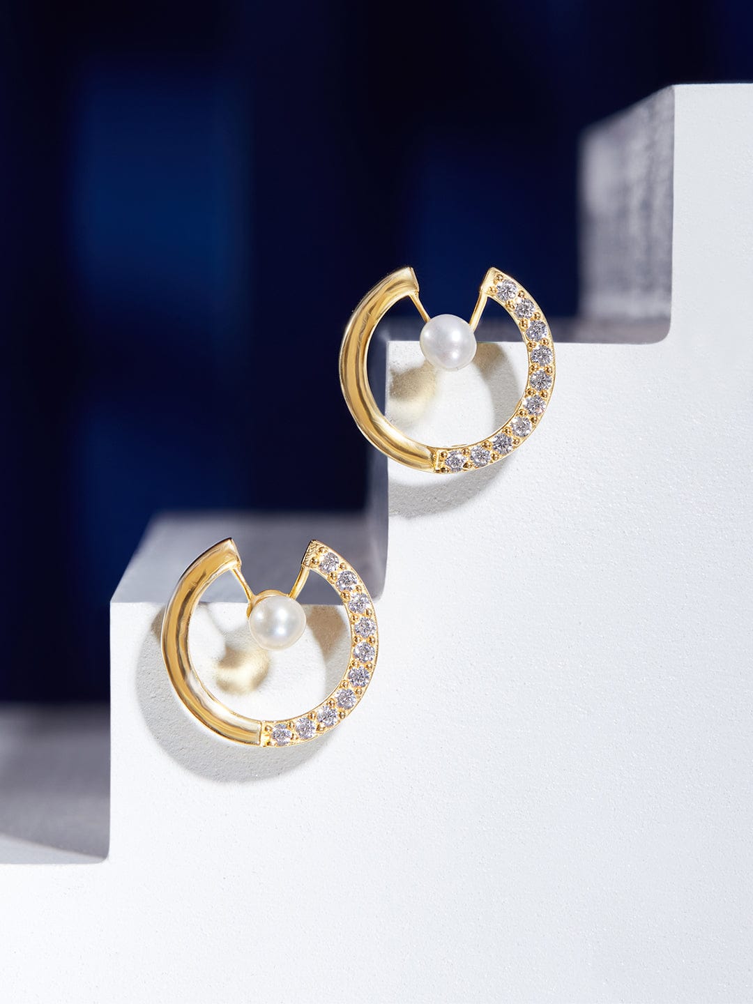 Rubans 925 Silver Asymmetrical Merge Of Pearls And Zirconia Stud Earrings.- Gold Plated Earrings