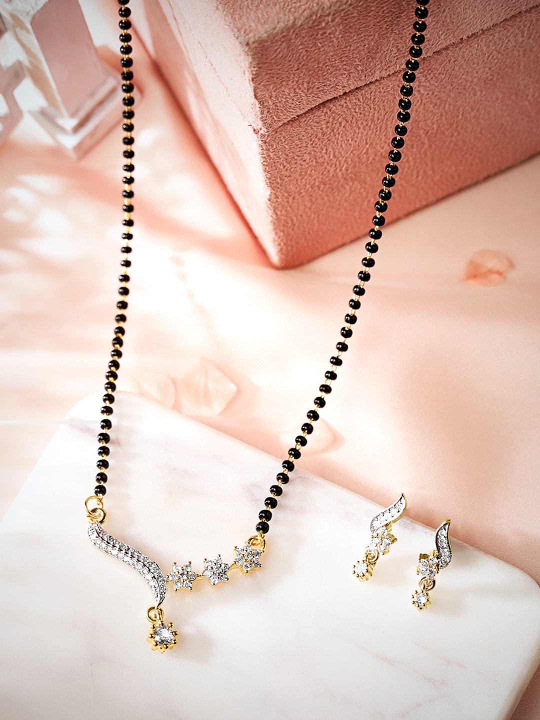 Rubans Black Beaded and Gold Plated Mangal Sutra With White Cz Stones and Earrings Mangalsutra