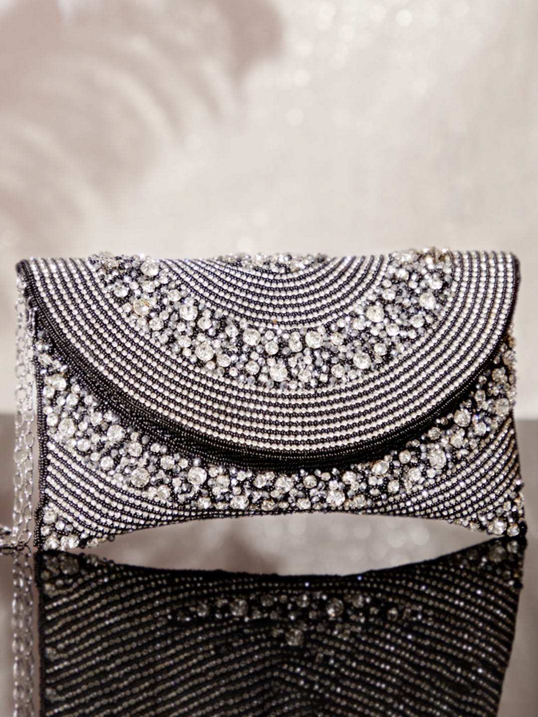 Rubans Black Colour Handbag With Embroided Silver Stone Design. Handbag & Wallet Accessories