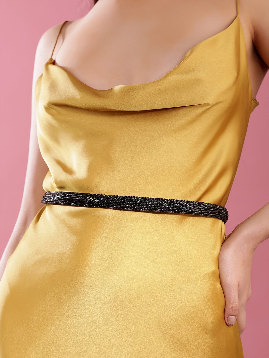 Rubans Black Crystal Studded Adjustable Fabric Belt. Belt