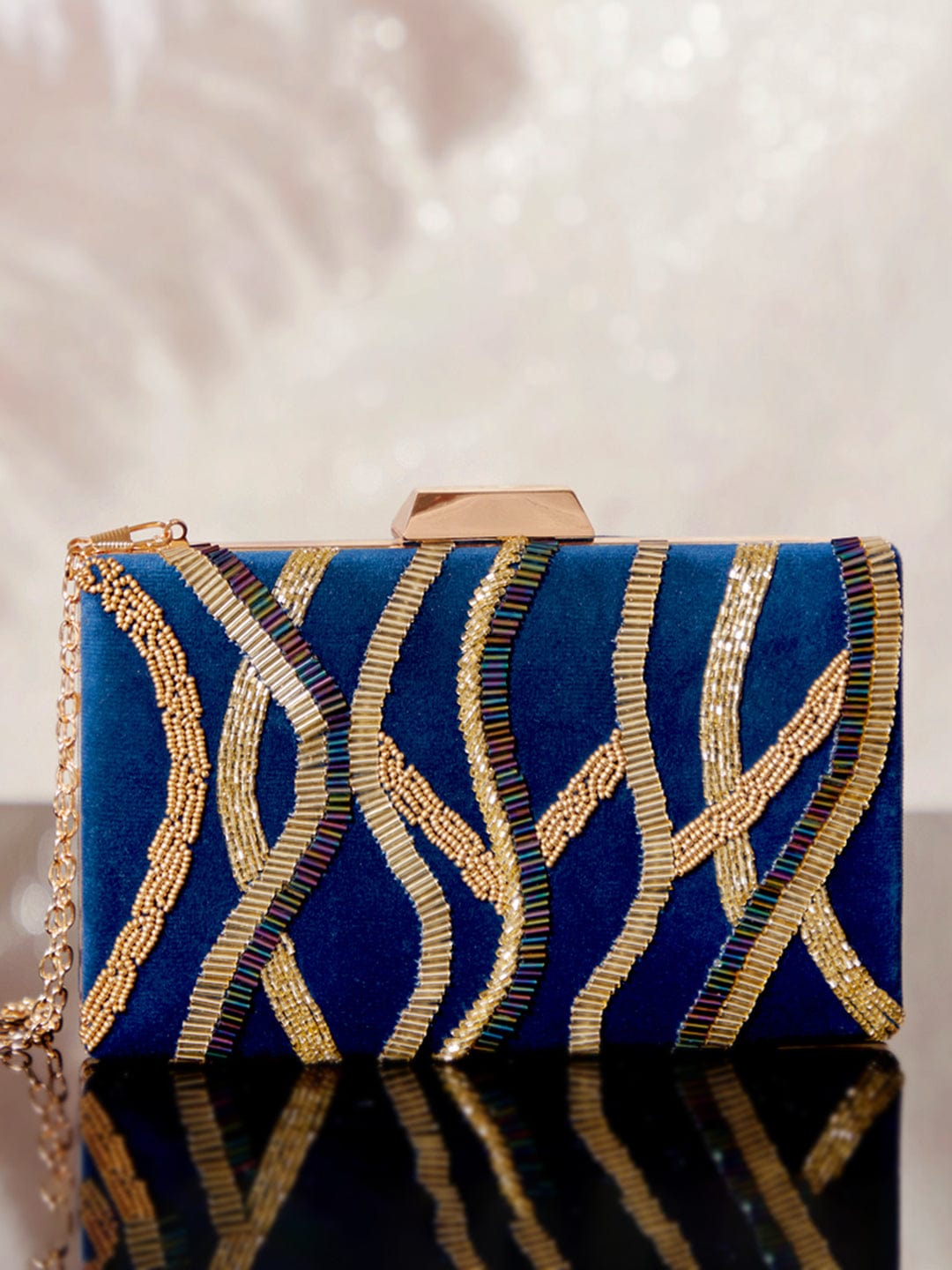 Rubans Blue Colour Box Clutch With Embroided Gold Design. Handbag & Wallet Accessories