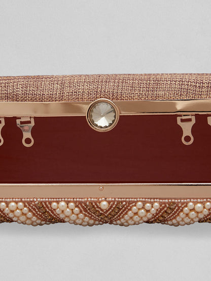 Rubans Brown And Cream Colour Box Clutch Sling Bag With Pearls And Embroided Design. Handbag &amp; Wallet Accessories