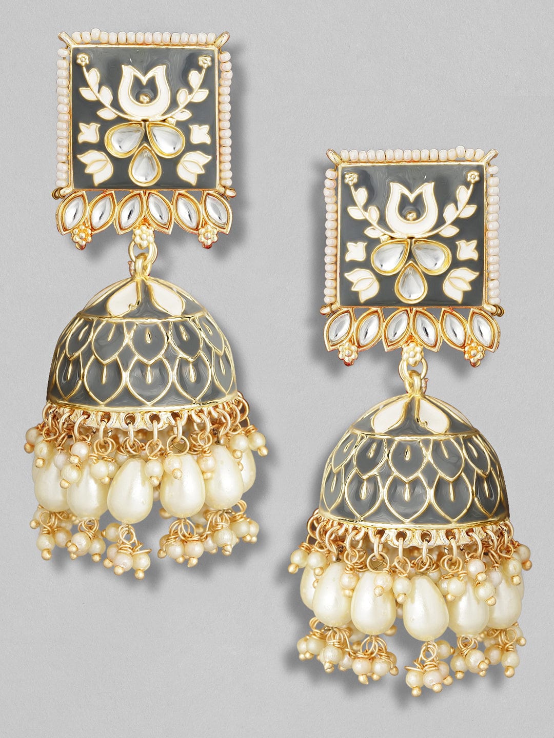 Rubans Charcoal Grey Gold Plated Stone Studded &amp; Beaded Handcrafted Enamelled Jhumkas Earrings