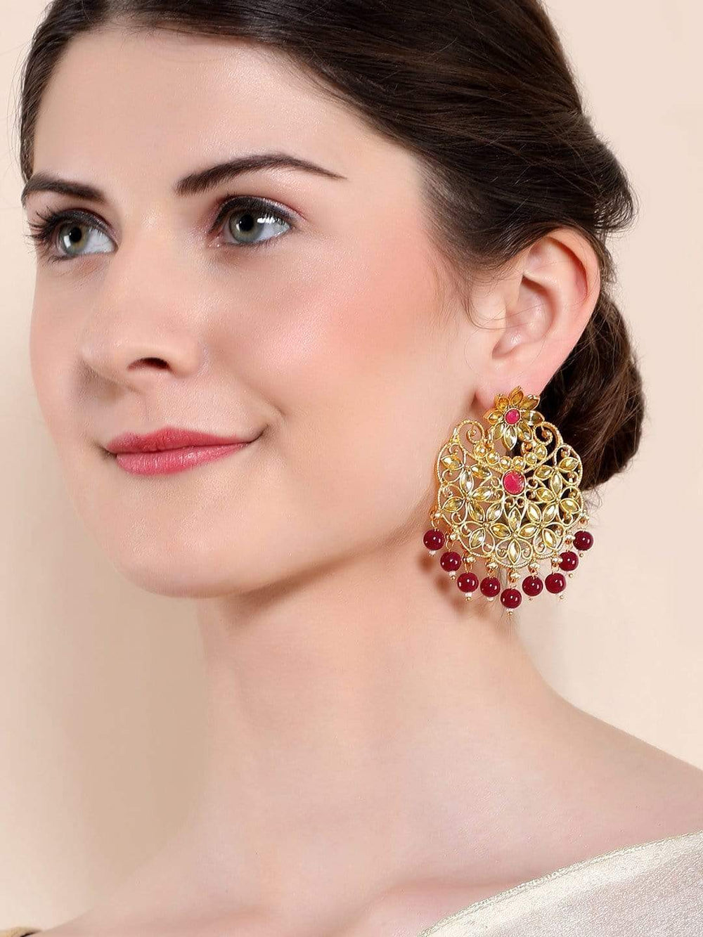 Rubans Color Stone Red Pearl Chandbali Earrings Earrings