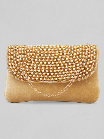Rubans Cream And Golden Colour Sling Bag With Studded Pearls. Handbag &amp; Wallet Accessories