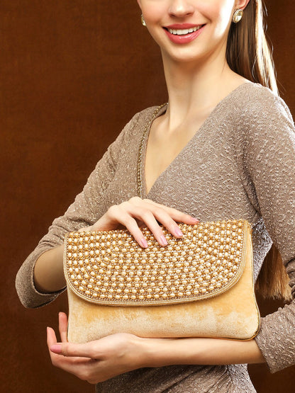 Rubans Cream And Golden Colour Sling Bag With Studded Pearls. Handbag &amp; Wallet Accessories