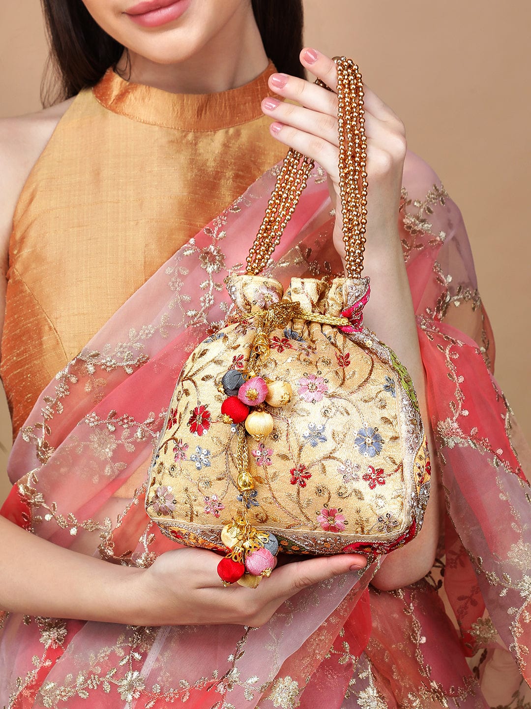 Rubans Cream Coloured Potli Bag With Multicoloured Print And Beads Handbag & Wallet Accessories