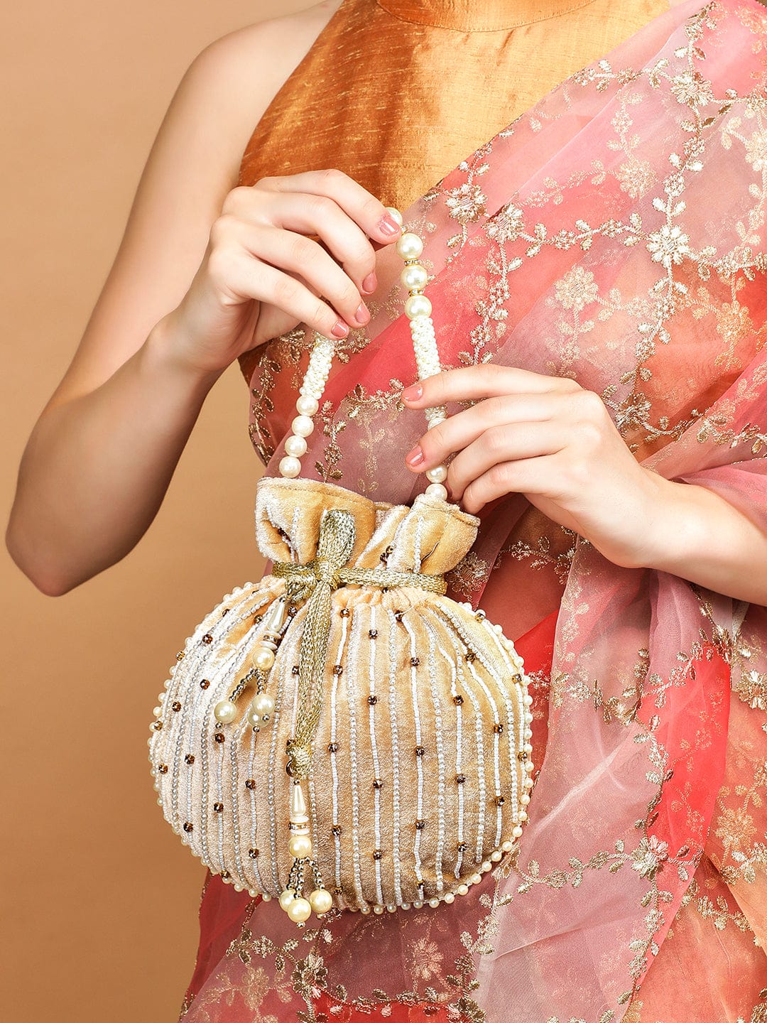 Rubans Cream Coloured Velvet Potli Bag With Pearls And Golden Beads Handbag &amp; Wallet Accessories