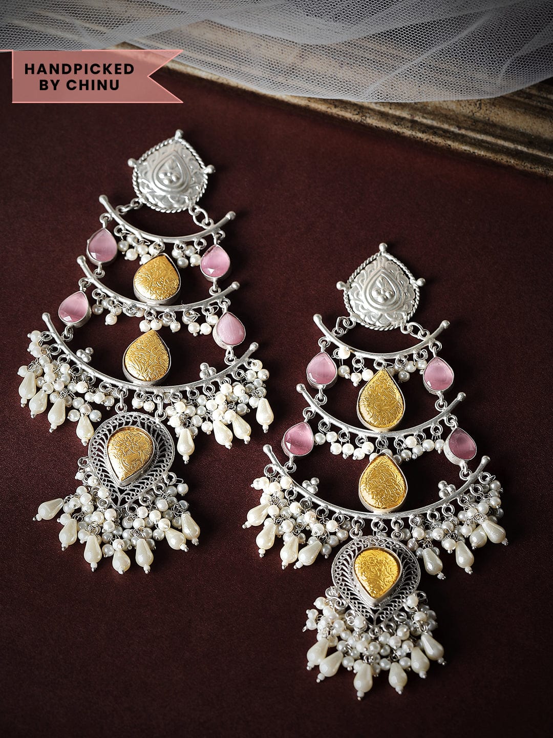 Rubans Dual Tone Oxidised Earrings With Studded Pink Stone And Beads Earrings