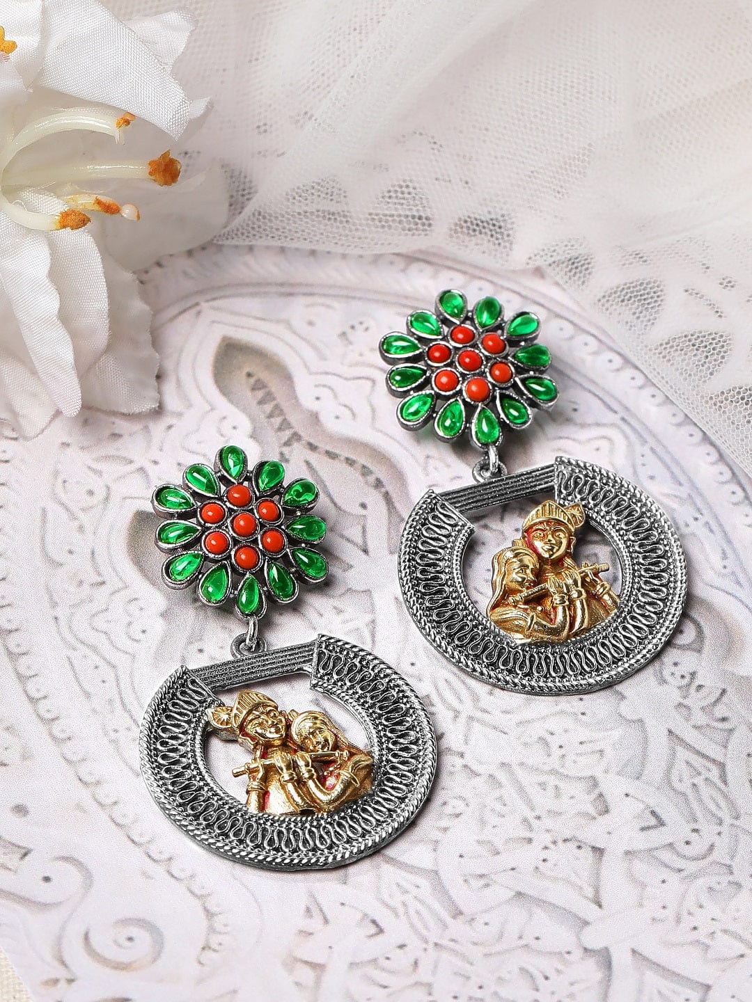 Rubans Dual Toned Drop Earrings With God Motif And Studded Stones Earrings