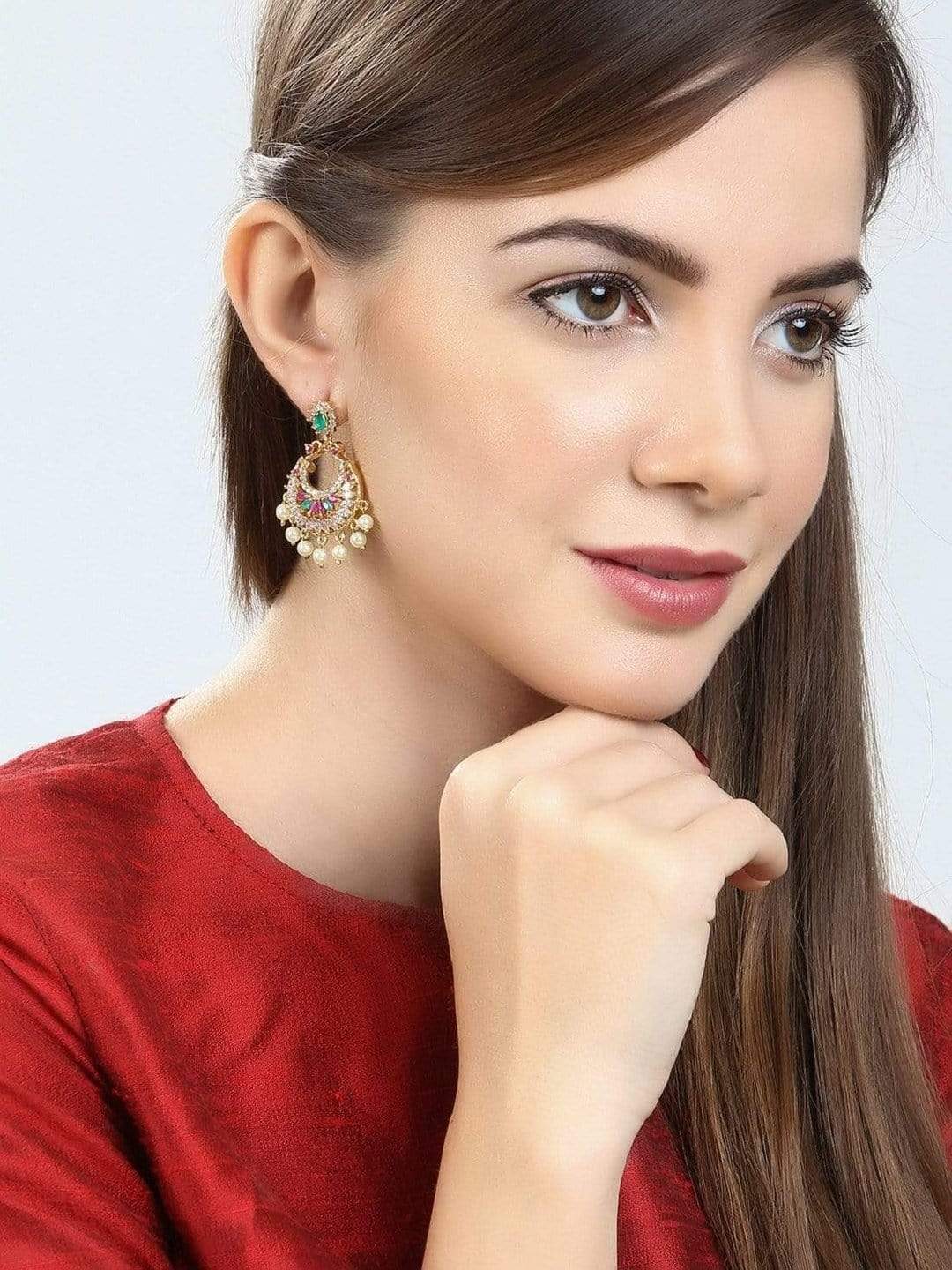 Rubans Finely Handcrafted Gold Plated CZ and Faux Ruby And Emerald Stone Studded Chandbali Earrings Earrings