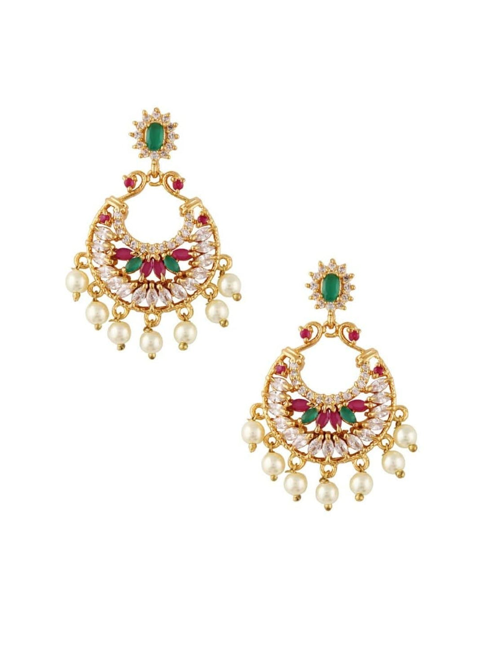 Rubans Finely Handcrafted Gold Plated CZ and Faux Ruby And Emerald Stone Studded Chandbali Earrings Earrings