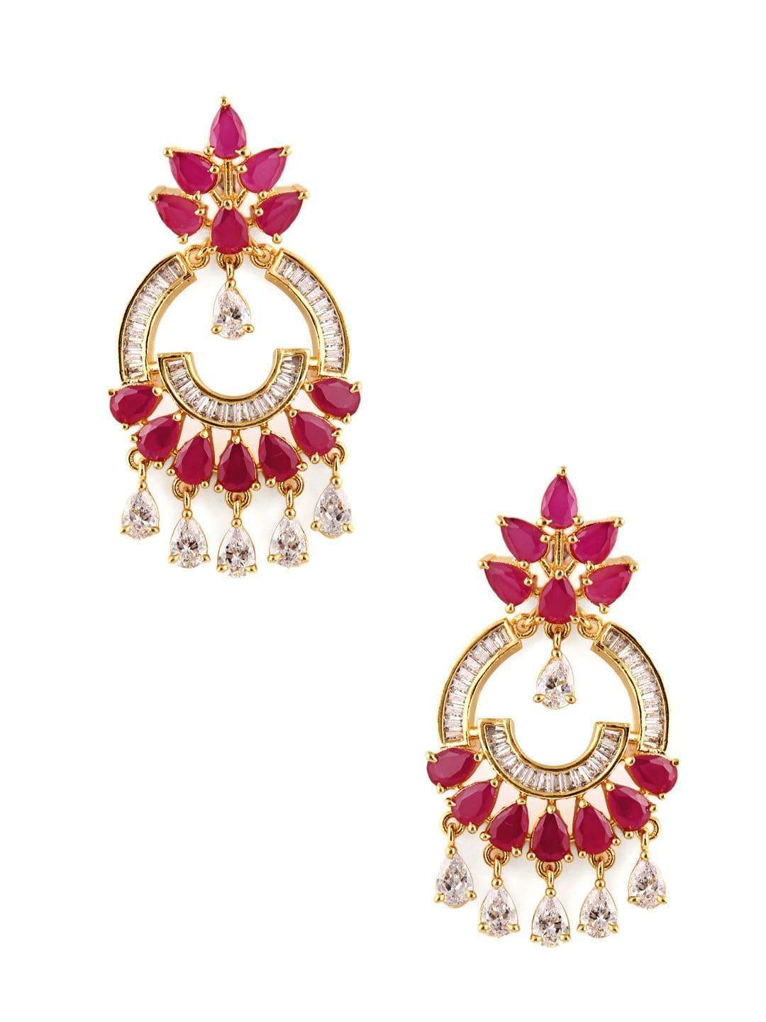 Rubans Finely Handcrafted Gold Plated CZ and Faux Ruby Stone Studded Chandbali Earrings Earrings