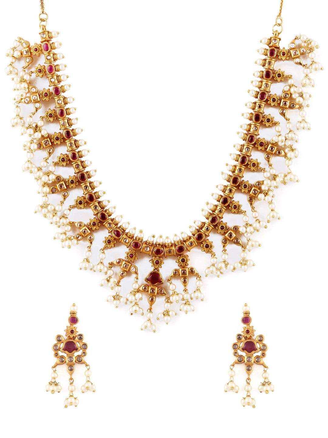 Rubans Finely Handcrafted Gold Plated Faux Ruby And Emerald Studded Pearl Embellished Necklace Set Necklace Set
