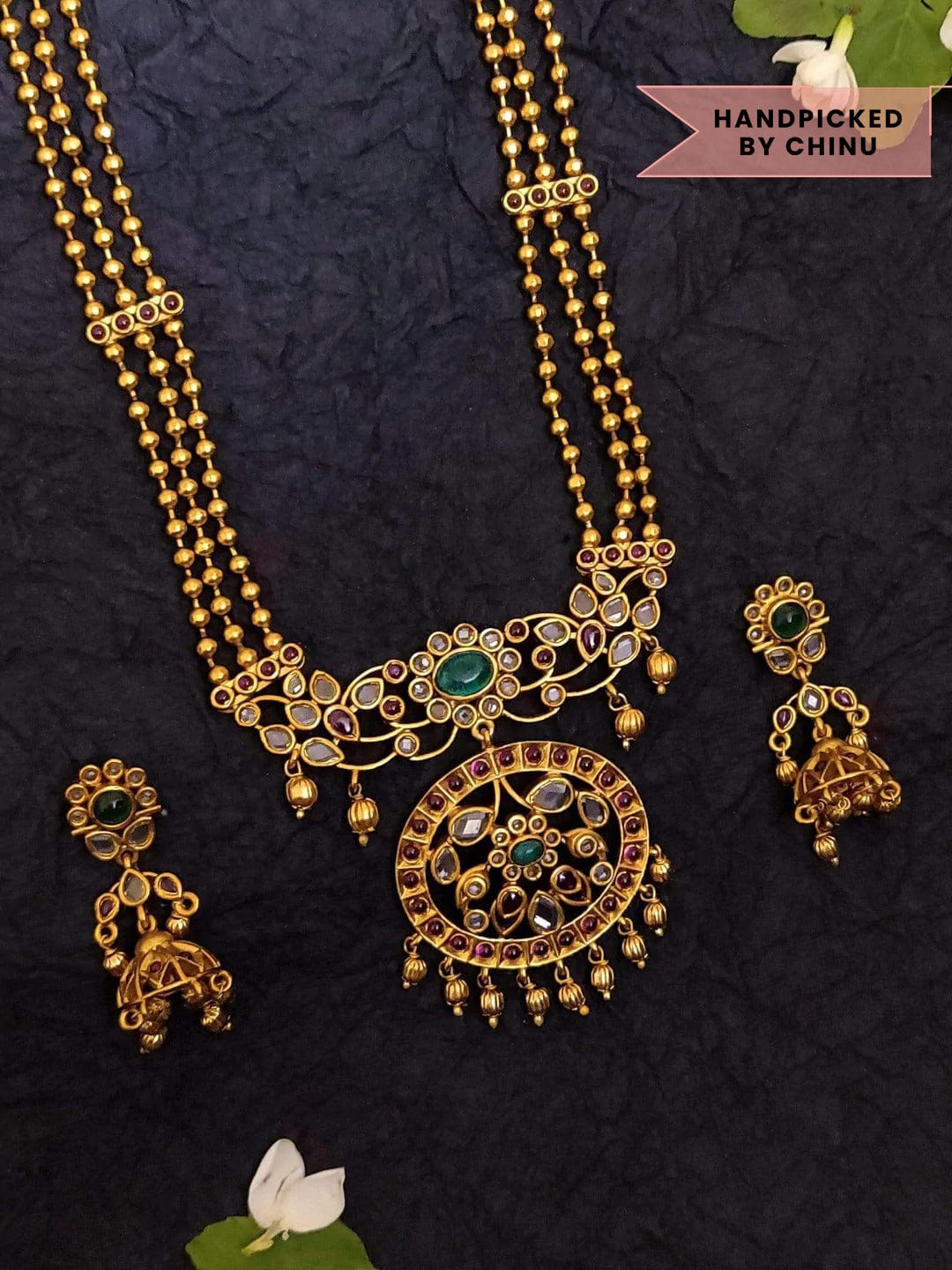 Rubans Finely Handcrafted Gold Plated Faux Ruby And Emerald Studded Temple Necklace Set Necklace Set