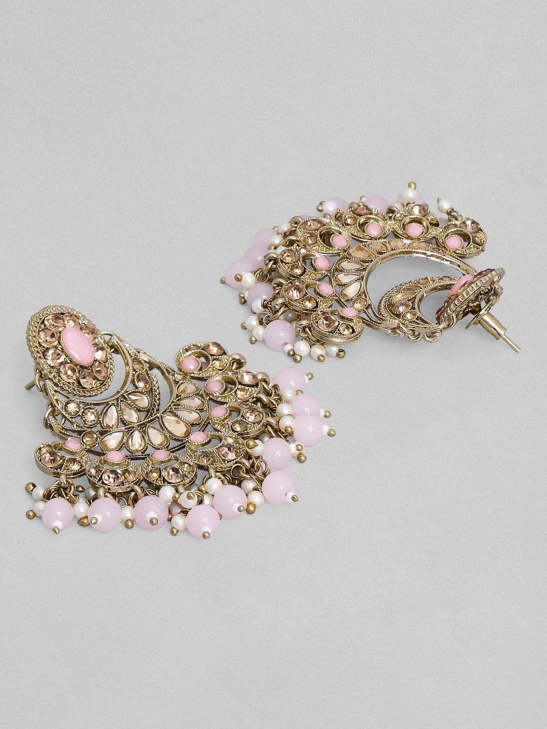 Rubans Gold Plated AD Studded with Pink Beads Chandbali Earrings Earrings
