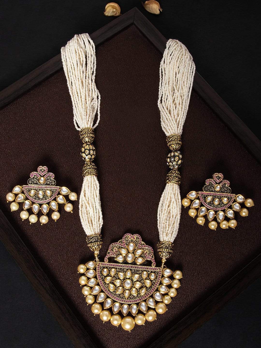 Rubans Gold Plated Black Enamel Traditional Kundan Embellished Pearl Strand Embellished Necklace Set Necklace Set