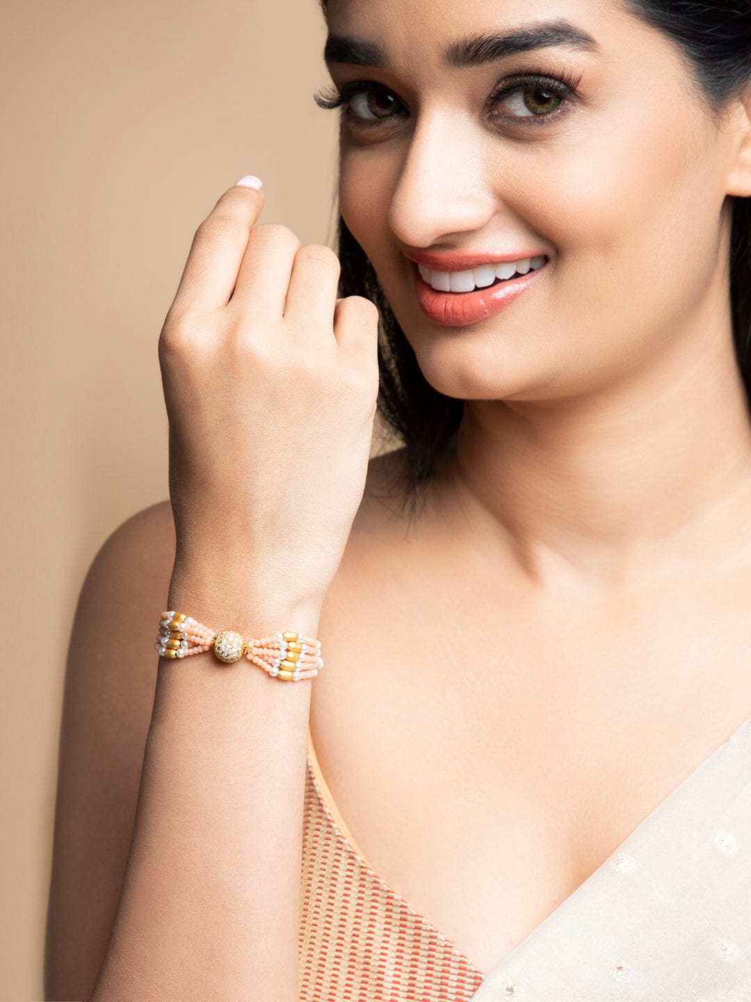 Rubans Gold Plated Bracelet With Studded Stones And Pastel Beads Bangles & Bracelets