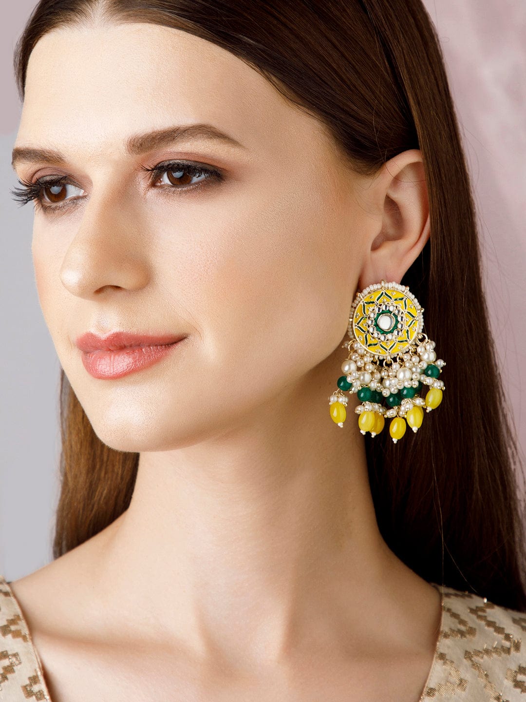 Rubans Gold Plated Chandbali Earrings With Yellow And Green Enamell And Beads Earrings