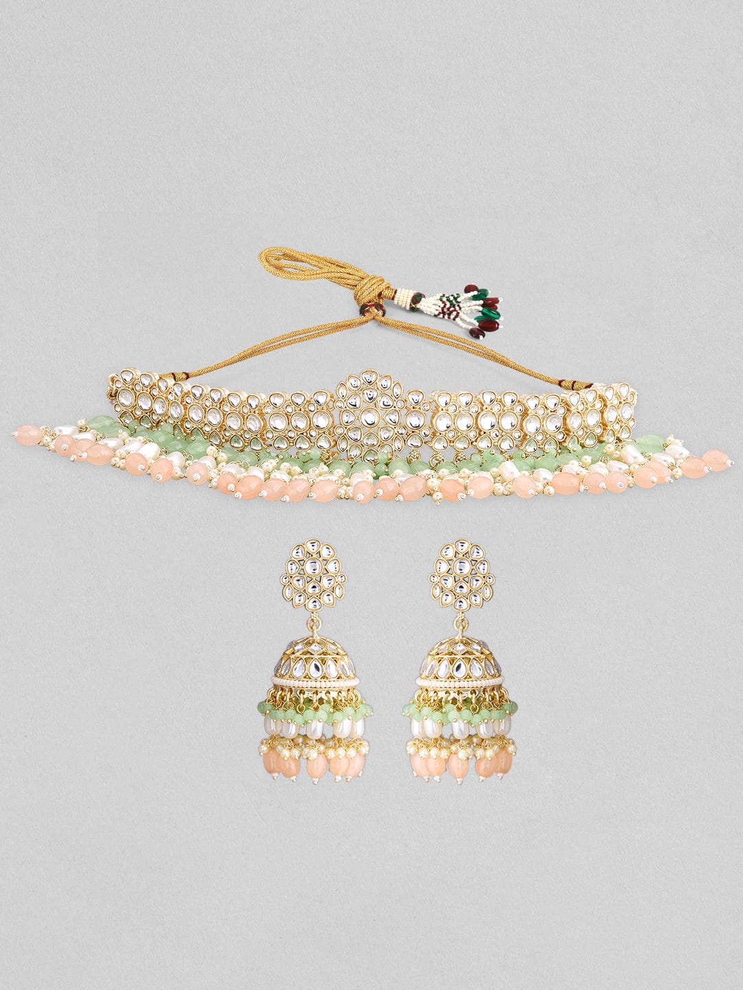 Rubans gold plated choker set with studded stones and mint green, beige colour beads. Necklace Set