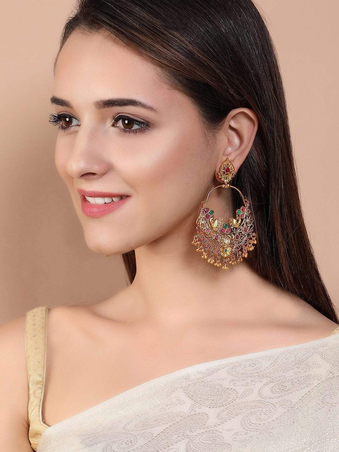 Rubans Gold Plated Color Stone Chandbali Earrings Earrings