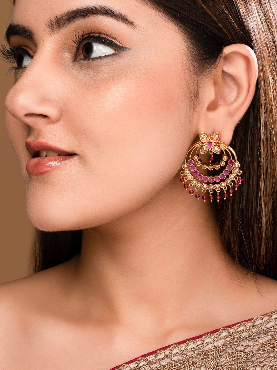 Rubans Gold-Plated Crescent Shaped AD Studded Chandbalis Earrings Earrings