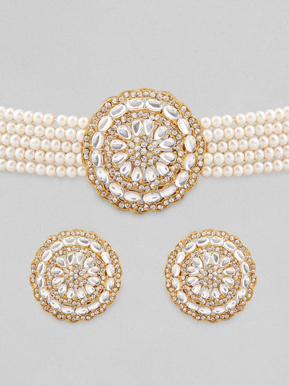 Rubans Gold Plated Elegant Kundan Choker Set With White Beads. Choker Necklace Set