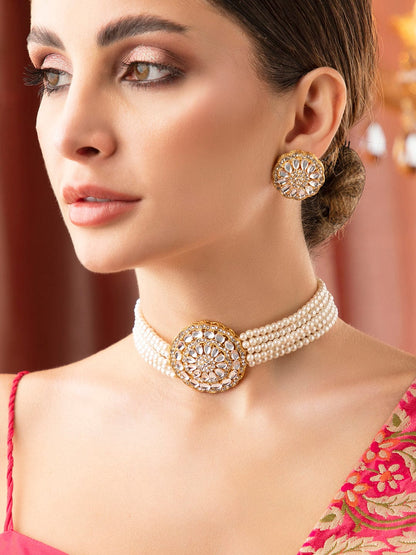 Rubans Gold Plated Elegant Kundan Choker Set With White Beads. Necklace Set