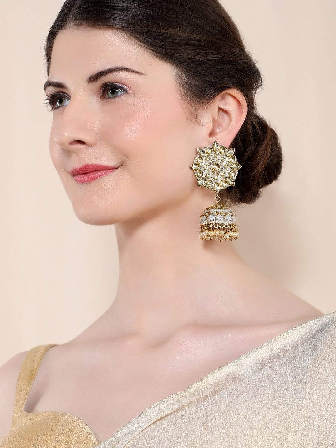 Rubans Gold Plated Enamel Kundan Jhumka Earrings Earrings