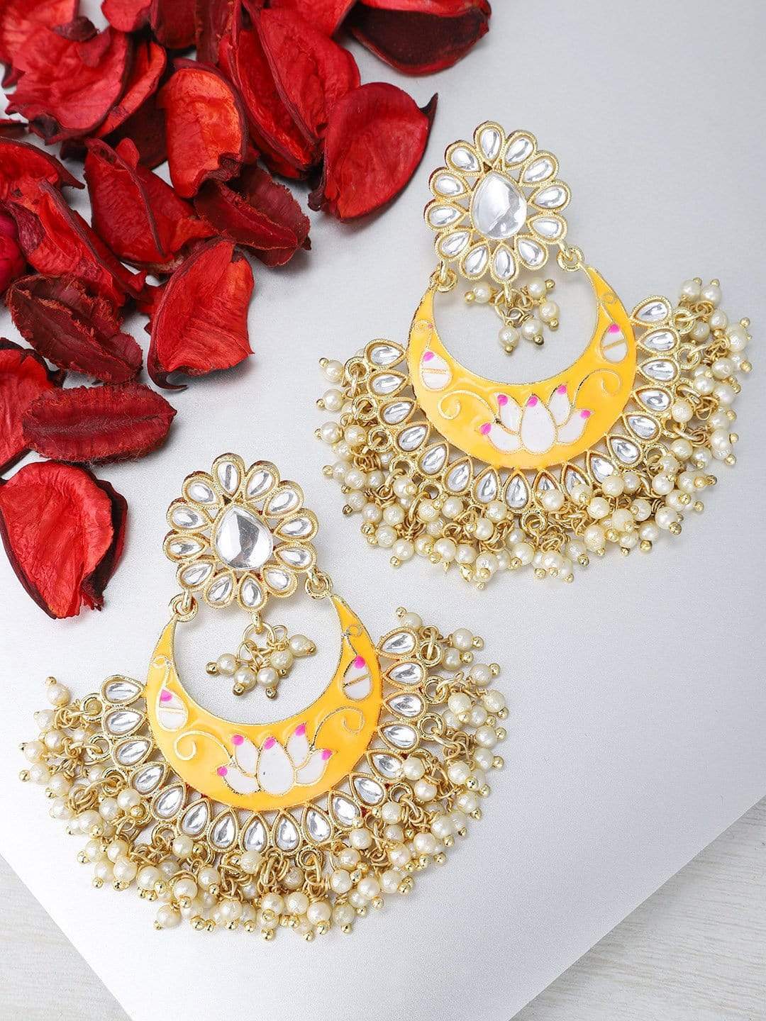Rubans Gold Plated Enamel Pearl Chandbali Earrings Earrings