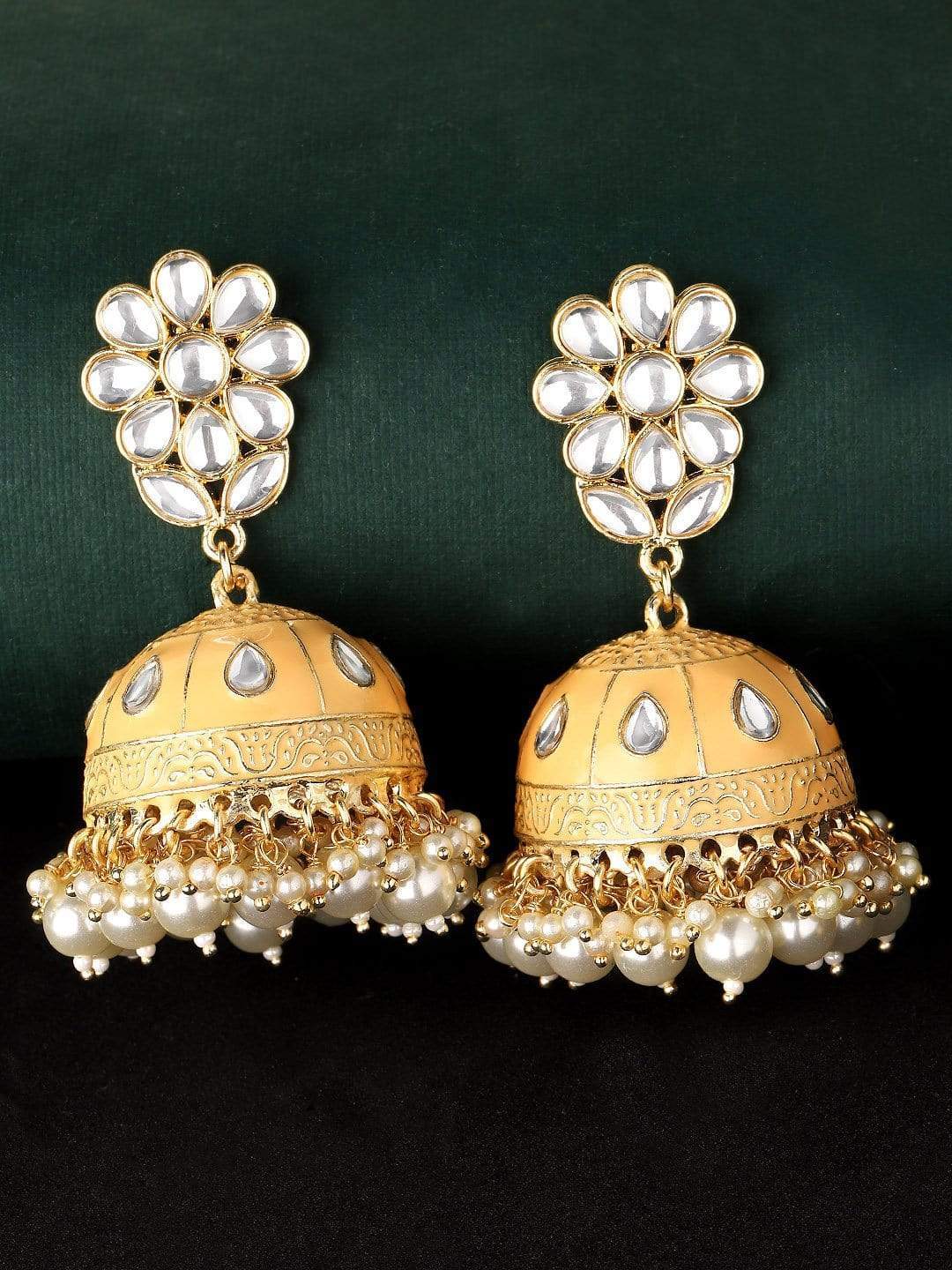 Rubans Gold Plated Enamel  Pearl Statement Jhumka Earrings Earrings