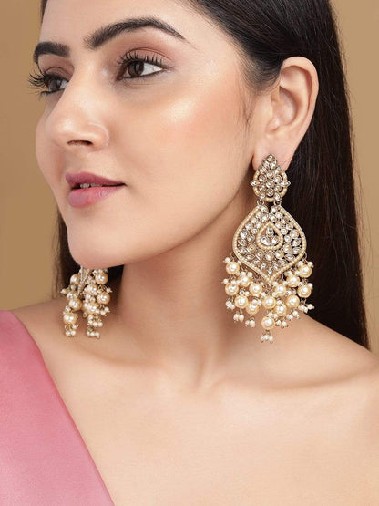 Rubans Gold Plated Handcrafted AD Studded &amp; Gold Beads Chandbali Earrings Earrings