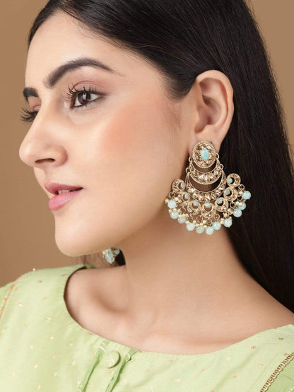 Rubans Gold Plated Handcrafted AD Studded &amp; Sky Blue Beads Chandbali Earrings Earrings