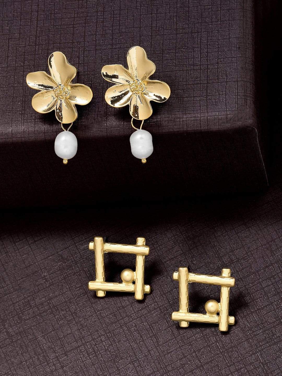 Rubans Gold Plated Handcrafted Floral Set of 2 Stud Earrings Earrings