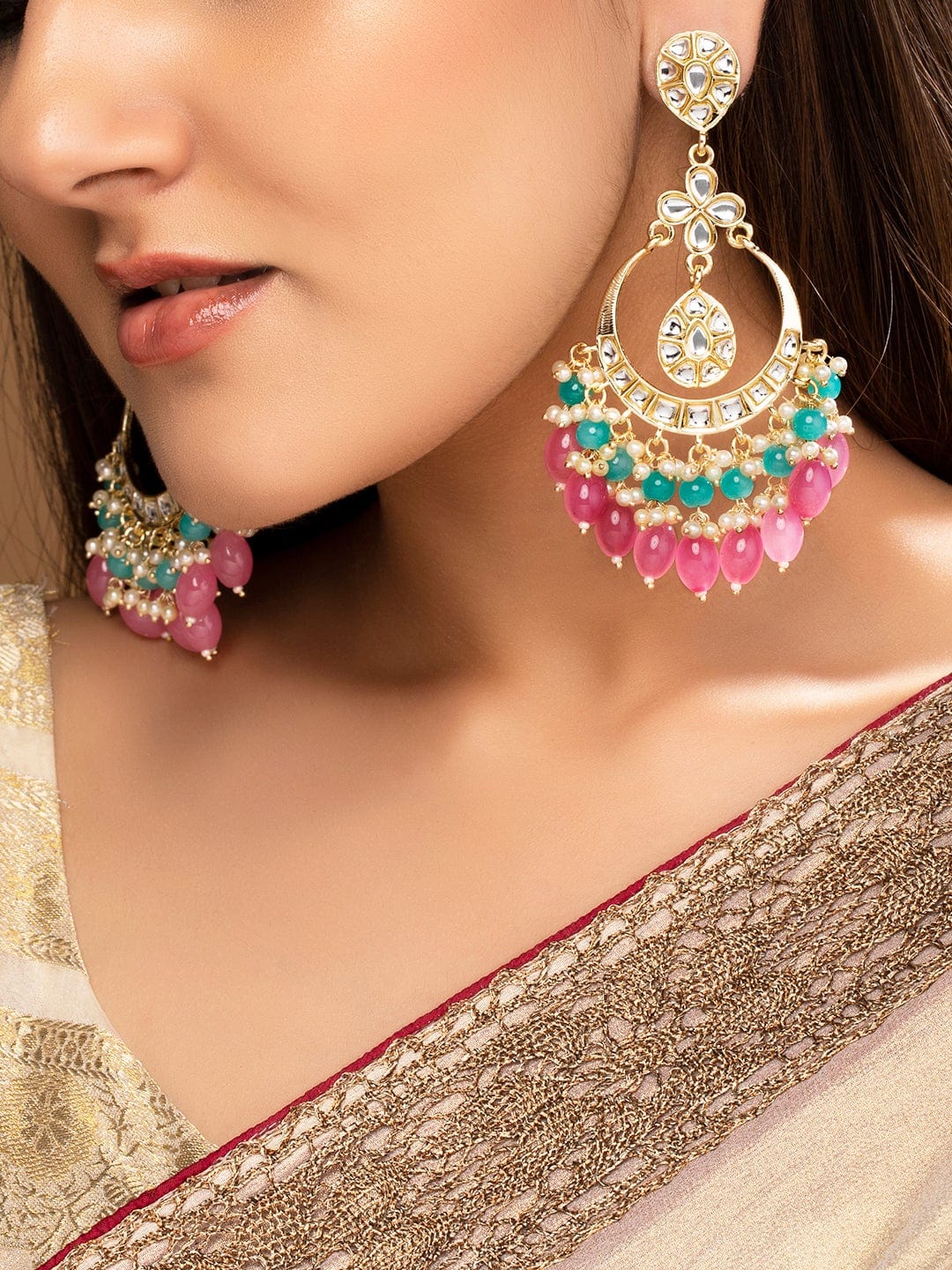 Rubans Gold Plated Handcrafted  Kundan Studded Pink And Blue Beaded Drop Earrings Earrings